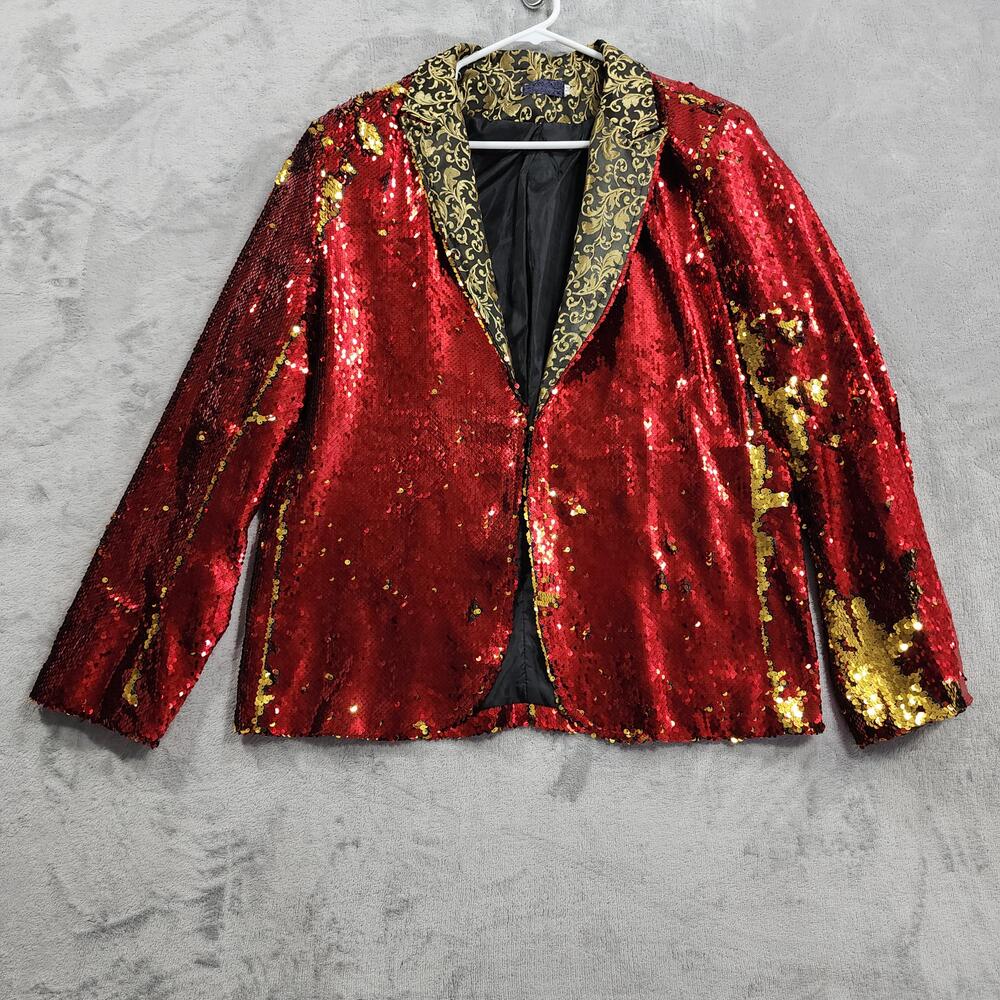 Blazer Jacket Mens M Red Gold Sequin Damask Lapel Tuxedo Party Stage Cosplay